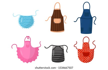 Colorful Kitchen Aprons Vector Illustrated Set. Cotton Clothing To Prepare Food