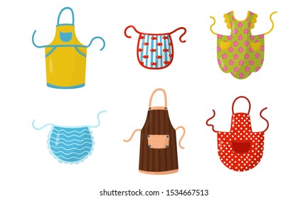 Colorful Kitchen Aprons Vector Illustrated Set. Cotton Clothing To Prepare Food.
