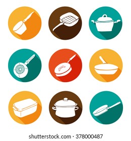 Colorful kitchen doodle cookware flat icons set with shadow, vector collection