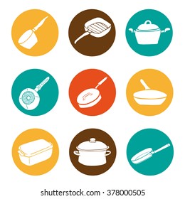 Colorful kitchen doodle cookware flat icons set, vector collection