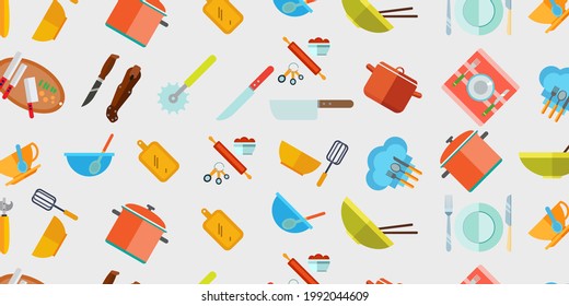 Colorful of Kitchen equipment Pattern Vector Texture. Kitchen or restaurant equipment collection pattern design
