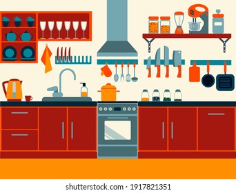 colorful kitchen flat style with lot of details