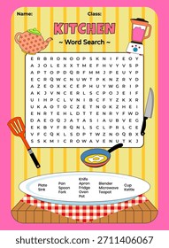 Un colorido diseño de Vector de un rompecabezas de búsqueda de palabras de cocina, perfecto para actividades educativas rápidas e imprimibles y aprendizaje de vocabulario para niños.