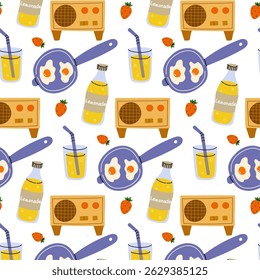 Colorful kitchen pattern featuring lemonade, eggs, and a vintage radio in a cheerful arrangement