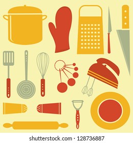 Colorful kitchen related elements composition