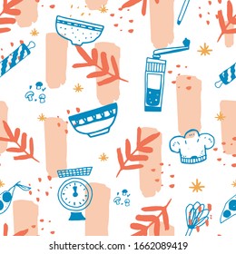 Colorful Kitchen seamless pattern, doodle style, restaurant cafe, chef, cooking texture.