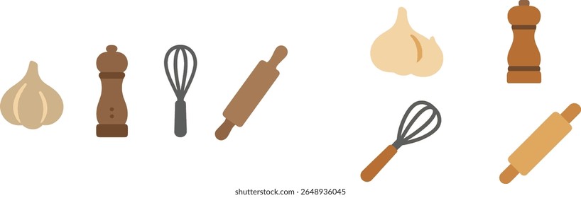 Colorful kitchen tools and ingredients are laid out neatly on a countertop, including garlic, rolling pins, and whisks, ideal for meal prepping or baking.