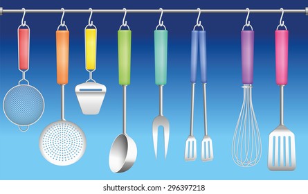 Colorful kitchen tools on a hanger - sieve, skimmer, cheese slicer, ladle, fork, tongs, whisk and spatula. Vector illustration on blue gradient background.