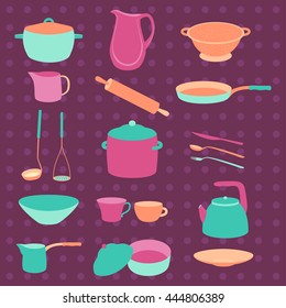 Colorful kitchen utensil set. Colorful crockery. Flat design. Templates for web. On dark background with polka dots