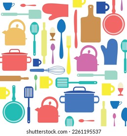 Colorful kitchen utensils background, illustration, pattern, kitchen concept