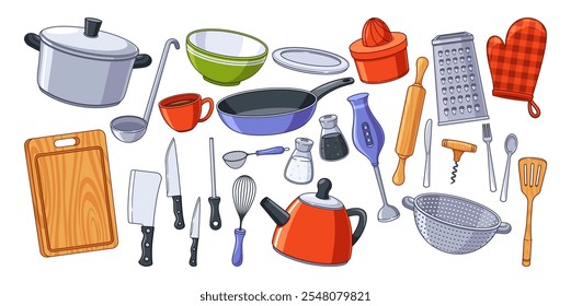 Colorful kitchenware, appliances, cutlery, accessories for cooking isolated set on white background