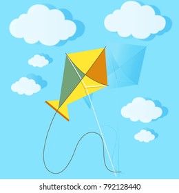 Colorful Kite and clouds on the blue sky. Summer background. Vector illustration.