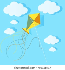 Colorful Kite and clouds on the blue sky. Summer background. Vector illustration.