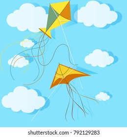 Colorful Kite and clouds on the blue sky. Summer background. Vector illustration.