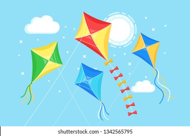 Colorful kite flying in blue sky, sun isolated on background. Summer, spring holiday, toy for child. Vector flat design	