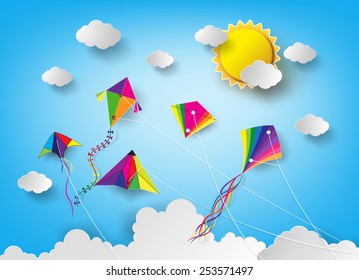 Colorful kite flying on the sky.paper art style