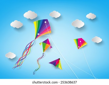 Colorful kite flying on the sky.paper art style