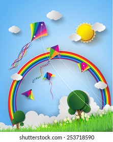 Colorful kite flying on the sky.paper art style.