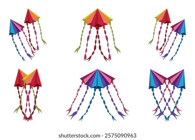 Colorful kite illustration set with twisted tails - vibrant festival design for creative use