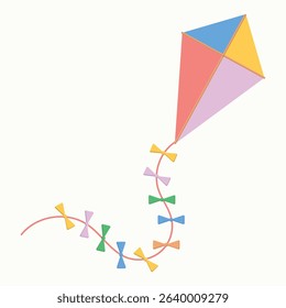 Colorful kite with a string adorned with decorative bows, displayed on a plain white background.  The kite's design includes a variety of pastel colors like pink, purple, blue, yellow, and orange,