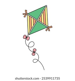 Colorful Kite with Tail. This vector image depicts a colorful kite in a cartoon style. The kite features a geometric design with triangular segments in green, orange, and yellow.