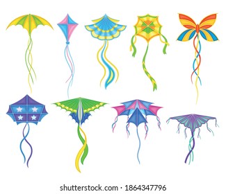 Colorful Kite as Tethered Craft with Wing Surfaces and Tail Vector Set