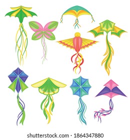 Colorful Kite as Tethered Craft with Wing Surfaces and Tail Vector Set