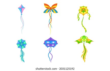 Colorful Kite as Tethered Craft with Wing Surfaces and Tail Vector Set