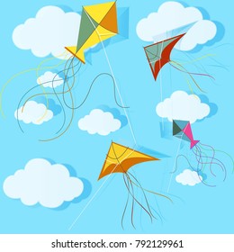 Colorful kites and clouds on a blue sky. Summer background. Vector illustration.