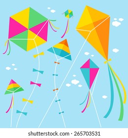 Colorful kites and clouds in the sky. Vector illustration svg