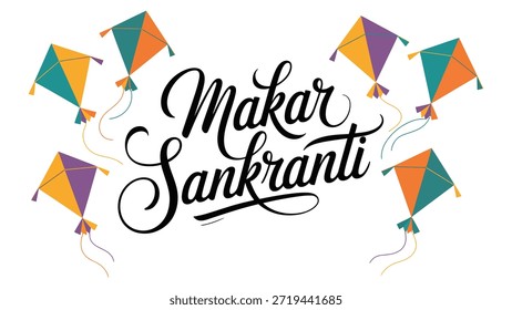 Cometas coloridas con texto cursivo elegante del sankranti del makar que celebra el festival indio de la cosecha de cometas en ilustración festiva vibrante