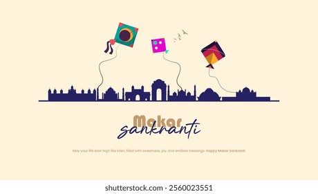 Colorful kites fly against a city skyline with Makar Sankranti written in a festive font The image captures the joy excitement and urban spirit of the festival