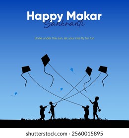 Colorful kites fly in the sky with Happy Makar Sankranti in festive font Children fly kites against a blue sky capturing the joy and spirit of the festival