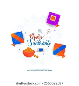 Colorful kites fly in the sky with Happy Makar Sankranti in a festive font A thread reel and bowl of sweets represent the celebration capturing the festival's joy