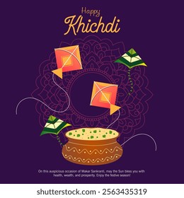 Colorful kites fly in the sky with Happy Khichdi in festive font A bowl of Khichdi is featured set against mandala patterns and a purple background creating a playful atmosphere






