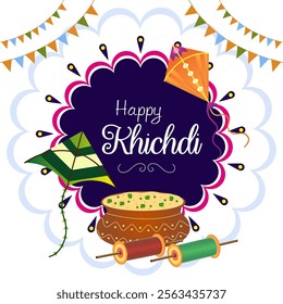 Colorful kites fly in the sky with Happy Khichdi in a festive font A bowl of Khichdi thread reels and colorful flags create a playful fictional celebration






