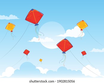 Colorful kites flying in the clouds. Colored kites and clouds in the bright blue sky illustration. svg