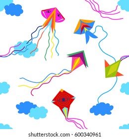Colorful kites in the sky. Seamless vector pattern with simple colorful design elements. Children textile collection. On white.