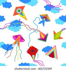 Colorful kites in the sky. Seamless vector pattern with bright design elements. Children textile collection.
