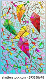  	
Colorful kites in the sky in the stained glass style