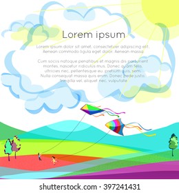 Colorful kites in the sky with sun and clouds background. Boy and girl  flying kites in the grass. Beautiful landscape near the mountains. Vector illustration.