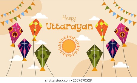 Colorful kites soaring in the sky with Happy Uttarayan written in a festive font A bright yellow sun symbolizes the winter solstice while colorful flags enhance the festive mood 