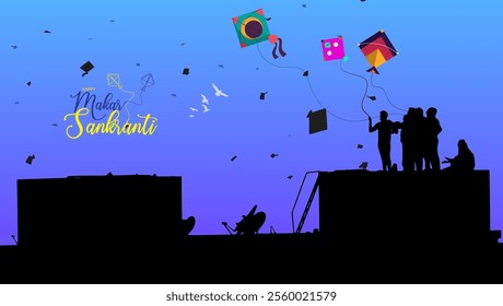 Colorful kites of various shapes and sizes soar in the clear blue sky symbolizing the joy of Makar Sankranti Makar Sankranti is written in a festive font while silhouettes of people flying kites 