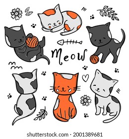 COLORFUL KITTIES Cute Cats Babies Dream And Play With Ball Among Flowers And Leaves Cartoon Hand Drawn Clipart With Text Abstract Vector Illustration Set