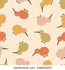 Colorful kiwi birds hand drawn vector illustration. Cute New Zealand furry bird in flat style seamless pattern for children fabric or wallpaper.