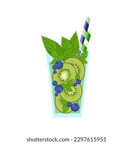 Colorful Kiwi Blueberry Mint Cocktail. Vector Illustration in a Whimsical Style