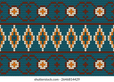 Colorful knitted design featuring bold geometric patterns in teal, orange, cream, and brown. Ideal for retro textiles, sweater designs, ethnic crafts, winter wear, or digital folk art projects.