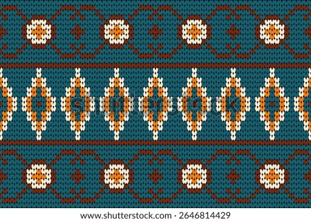 Colorful knitted design featuring bold geometric patterns in teal, orange, cream, and brown. Ideal for retro textiles, sweater designs, ethnic crafts, winter wear, or digital folk art projects.