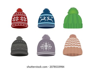 Colorful knitted winter hat set. vector illustration