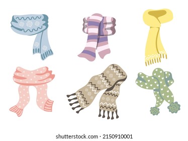 Colorful knitted winter scarves set. Cute hand drawn elements for winter design. Winter clothes. Vector illustration.